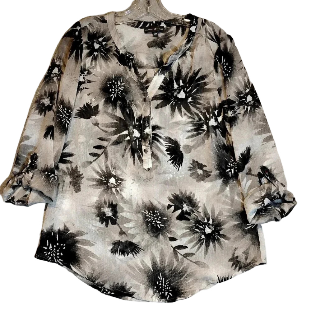 Classic Editions Black & White  Sheer Long Sleeve Lightweight Blouse Size Medium